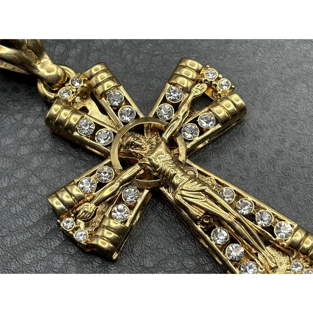 HUGE Gold Tone Crucifix Cross Pendant Jesus Clear Rhinestone Religious Jewelry